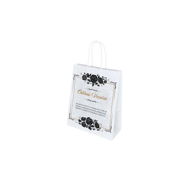 Pungă hârtie kraft ALB pentru parastas, pomană, înmormântare „Trandafiri Negri” Odihnă Veşnică – mânere răsucite – 18 x 22(H) x 8 cm