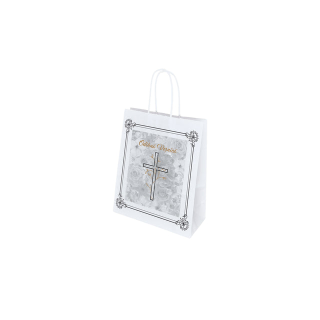 Pungă hârtie kraft ALB pentru parastas, pomană, înmormântare „Grădina Cerului” Odihnă Veşnică – mânere răsucite – 18 x 22(H) x 8 cm