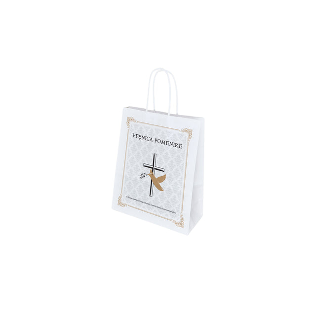 Pungă hârtie kraft ALB pentru parastas, pomană, înmormântare „Porumbel Auriu” Veşnică Pomenire – mânere răsucite – 18 x 22(H) x 8 cm
