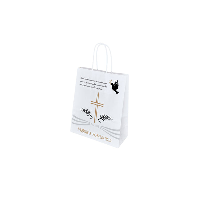 Pungă hârtie kraft ALB pentru parastas, pomană, înmormântare „Porumbel Ceresc” Veşnică Pomenire – mânere răsucite – 18 x 22(H) x 8 cm