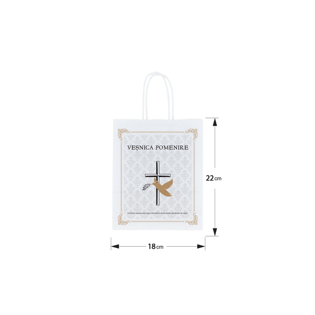 Pungă hârtie kraft ALB pentru parastas, pomană, înmormântare „Porumbel Auriu” Veşnică Pomenire – mânere răsucite – 18 x 22(H) x 8 cm