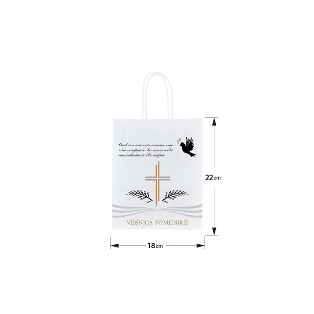 Pungă hârtie kraft ALB pentru parastas, pomană, înmormântare „Porumbel Ceresc” Veşnică Pomenire – mânere răsucite – 18 x 22(H) x 8 cm