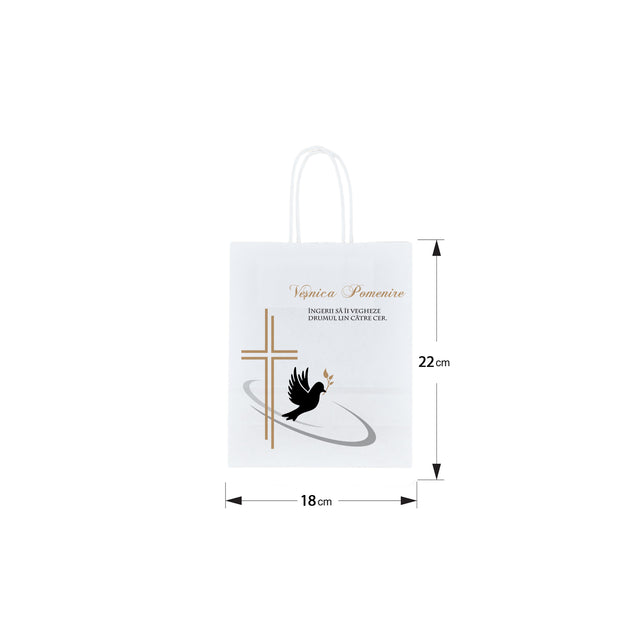 Pungă hârtie kraft ALB pentru parastas, pomană, înmormântare „Drumul Spre Cer” Veşnică Pomenire – mânere răsucite – 18 x 22(H) x 8 cm