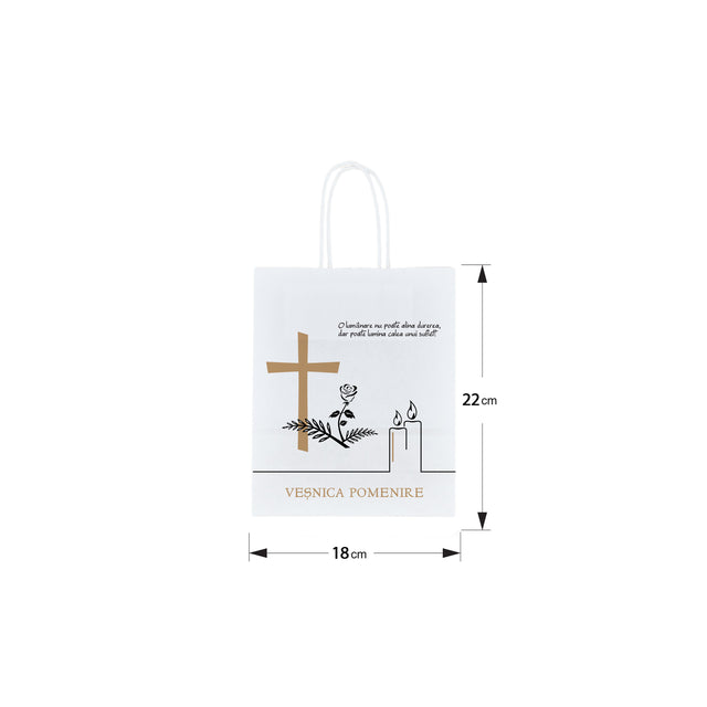 Pungă hârtie kraft ALB pentru parastas, pomană, înmormântare „Lumânare şi Trandafir” Veşnică Pomenire – mânere răsucite – 18 x 22(H) x 8 cm