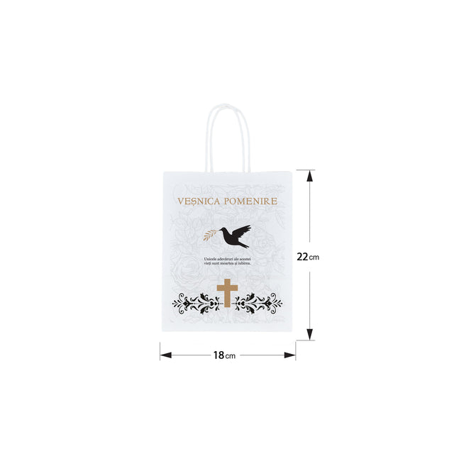 Pungă hârtie kraft ALB pentru parastas, pomană, înmormântare „Porumbel cu Trandafiri” Veşnică Pomenire – mânere răsucite – 18 x 22(H) x 8 cm