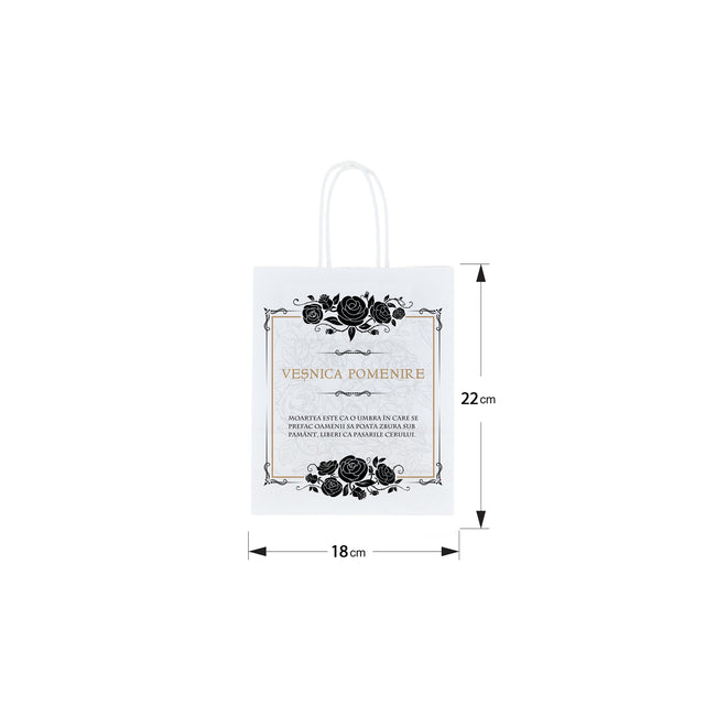 Pungă hârtie kraft ALB pentru parastas, pomană, înmormântare „Trandafiri Negri” Veşnică Pomenire – mânere răsucite – 18 x 22(H) x 8 cm