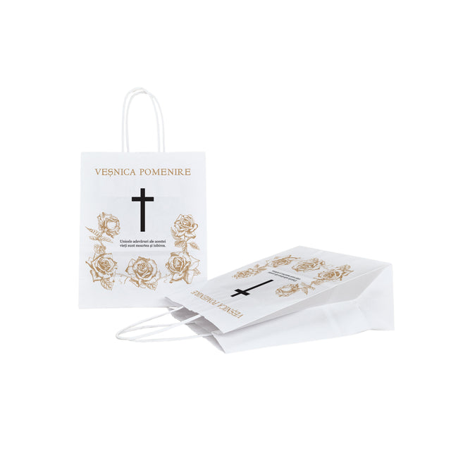 Pungă hârtie kraft ALB pentru parastas, pomană, înmormântare „Trandafirii Aurii” Veşnică Pomenire – mânere răsucite – 18 x 22(H) x 8 cm