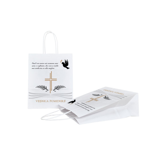 Pungă hârtie kraft ALB pentru parastas, pomană, înmormântare „Porumbel Ceresc” Veşnică Pomenire – mânere răsucite – 18 x 22(H) x 8 cm