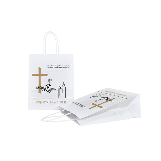 Pungă hârtie kraft ALB pentru parastas, pomană, înmormântare „Lumânare şi Trandafir” Veşnică Pomenire – mânere răsucite – 18 x 22(H) x 8 cm