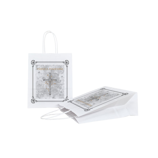 Pungă hârtie kraft ALB pentru parastas, pomană, înmormântare „Grădina Cerului” Veşnică Pomenire – mânere răsucite – 18 x 22(H) x 8 cm