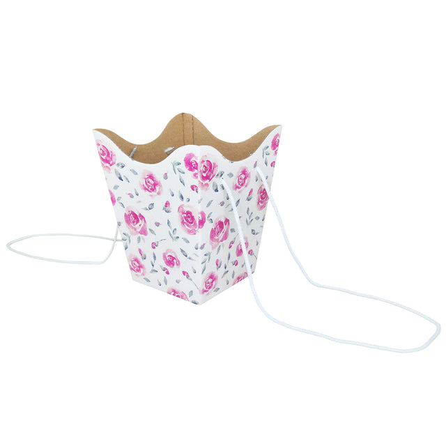 Pungă carton ALB pentru flori - Model 9 Floral cu mânere din șnur textil 11 x 18,5(H) x 11cm
