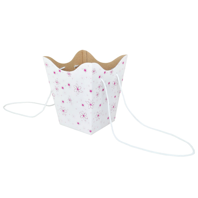 Pungă carton ALB pentru flori - Model 8 Floral cu mânere din șnur textil 11 x 18,5(H) x 11cm
