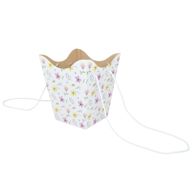 Pungă carton ALB pentru flori - Model 7 Floral cu mânere din șnur textil 11 x 18,5(H) x 11cm
