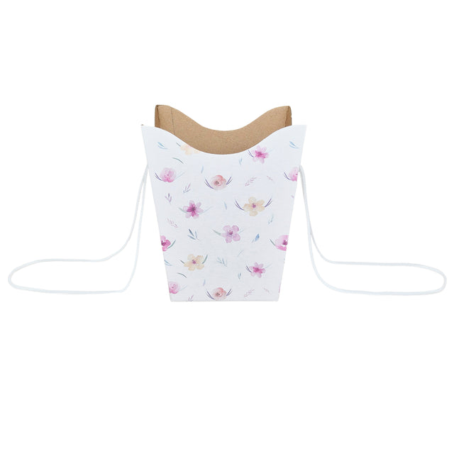 Pungă carton ALB pentru flori - Model 10 Floral cu mânere din șnur textil 11 x 18,5(H) x 11cm