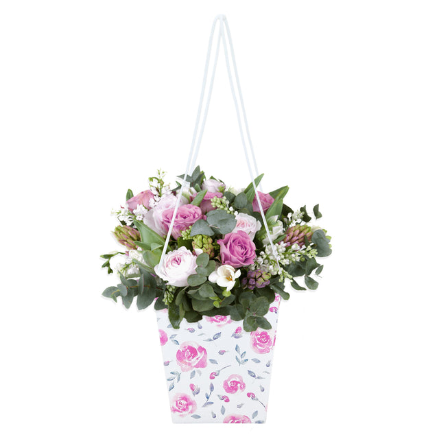 Pungă carton ALB pentru flori - Model 9 Floral cu mânere din șnur textil 11 x 18,5(H) x 11cm