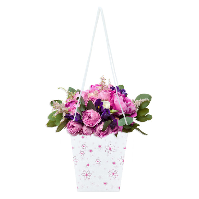 Pungă carton ALB pentru flori - Model 8 Floral cu mânere din șnur textil 11 x 18,5(H) x 11cm