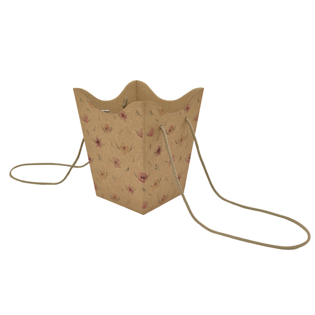 Pungă carton NATUR pentru flori - Model 10 Floral cu mânere din șnur textil 11 x 18,5(H) x 11cm