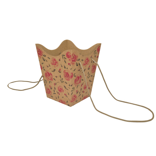 Pungă carton NATUR pentru flori - Model 9 Floral cu mânere din șnur textil 11 x 18,5(H) x 11cm