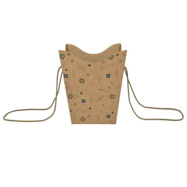Pungă carton NATUR pentru flori - Model 1 Floral cu mânere din șnur textil 11 x 18,5(H) x 11cm