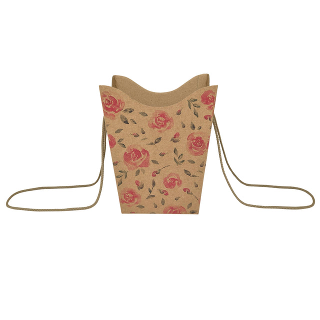 Pungă carton NATUR pentru flori - Model 9 Floral cu mânere din șnur textil 11 x 18,5(H) x 11cm