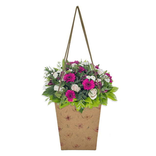 Pungă carton NATUR pentru flori - Model 10 Floral cu mânere din șnur textil 11 x 18,5(H) x 11cm
