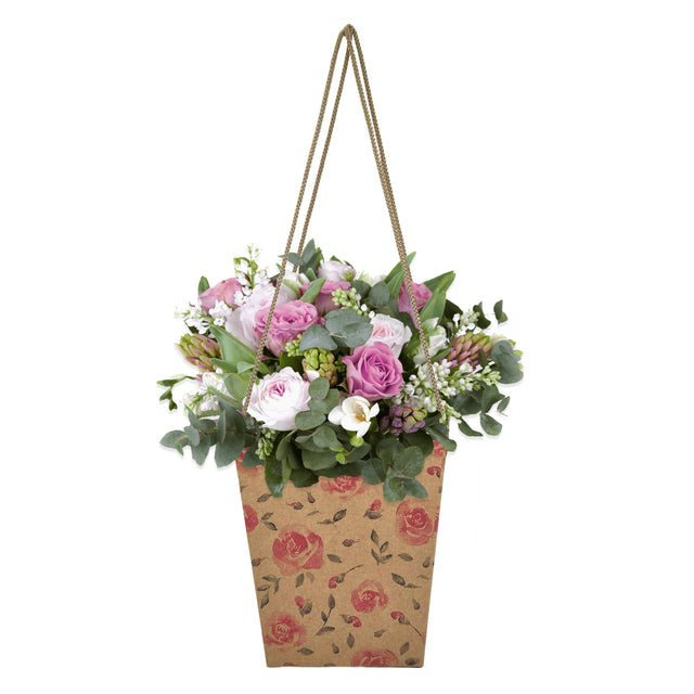 Pungă carton NATUR pentru flori - Model 9 Floral cu mânere din șnur textil 11 x 18,5(H) x 11cm