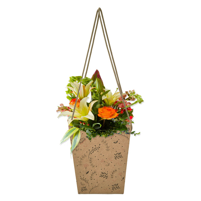 Pungă carton NATUR pentru flori - Model 3 Floral cu mânere din șnur textil 11 x 18,5(H) x 11cm