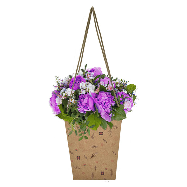 Pungă carton NATUR pentru flori - Model 2 Floral cu mânere din șnur textil 11 x 18,5(H) x 11cm