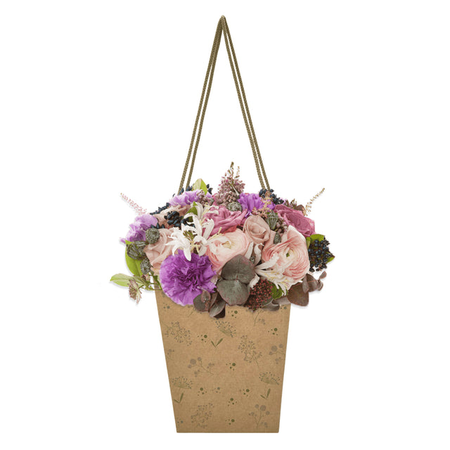Pungă carton NATUR pentru flori - Model 6 Floral cu mânere din șnur textil 11 x 18,5(H) x 11cm