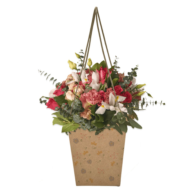 Pungă carton NATUR pentru flori - Model 5 Floral cu mânere din șnur textil 11 x 18,5(H) x 11cm