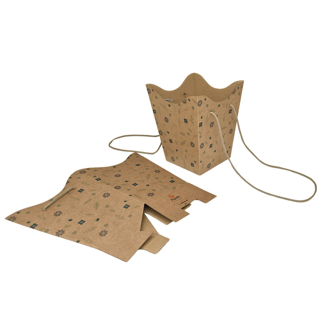 Pungă carton NATUR pentru flori - Model 1 Floral cu mânere din șnur textil 11 x 18,5(H) x 11cm