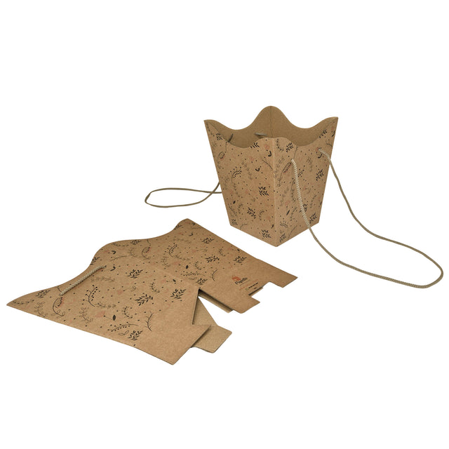 Pungă carton NATUR pentru flori - Model 3 Floral cu mânere din șnur textil 11 x 18,5(H) x 11cm