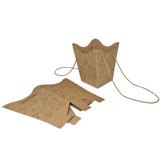 Pungă carton NATUR pentru flori - Model 6 Floral cu mânere din șnur textil 11 x 18,5(H) x 11cm