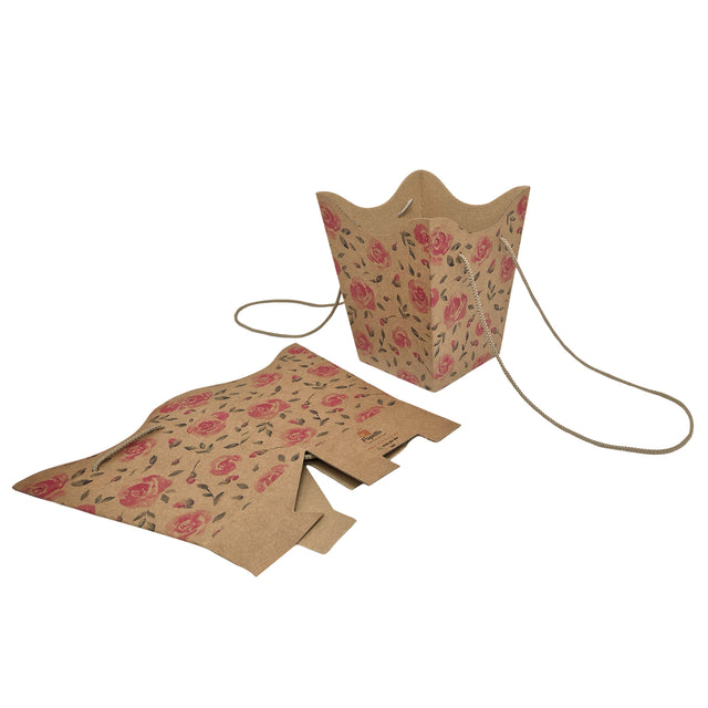 Pungă carton NATUR pentru flori - Model 9 Floral cu mânere din șnur textil 11 x 18,5(H) x 11cm