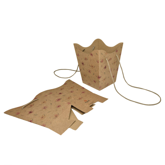 Pungă carton NATUR pentru flori - Model 10 Floral cu mânere din șnur textil 11 x 18,5(H) x 11cm