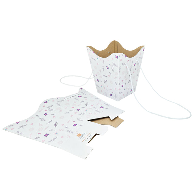 Pungă carton ALB pentru flori - Model 2 Floral cu mânere din șnur textil 11 x 18,5(H) x 11cm