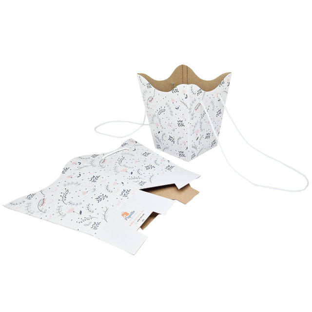 Pungă carton ALB pentru flori - Model 3 Floral cu mânere din șnur textil 11 x 18,5(H) x 11cm