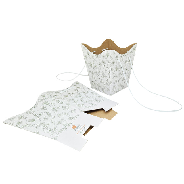 Pungă carton ALB pentru flori - Model 4 Floral cu mânere din șnur textil 11 x 18,5(H) x 11cm