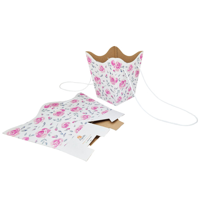 Pungă carton ALB pentru flori - Model 9 Floral cu mânere din șnur textil 11 x 18,5(H) x 11cm