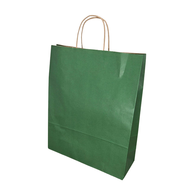 Pungă hârtie kraft VERDE cu mânere din hârtie răsucită 32 x 41(H) x 12cm