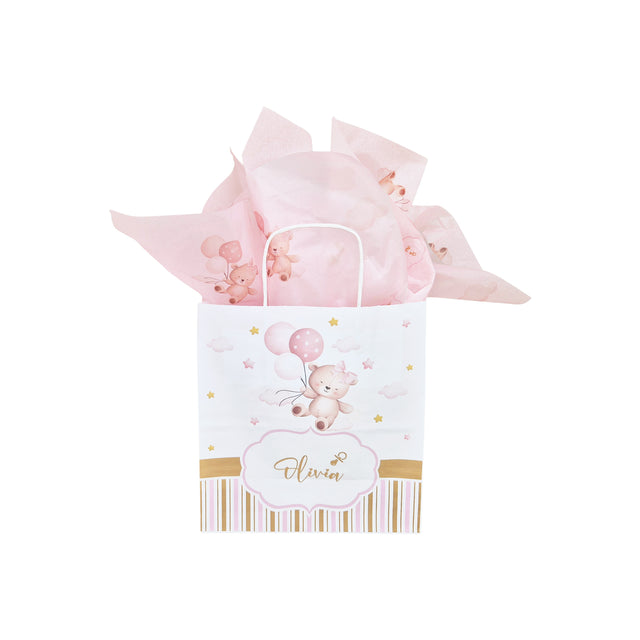 Pungă Hârtie Kraft cu Model Botez Fetiță Dreamy Teddy 18 x 22(H) x 8 cm
