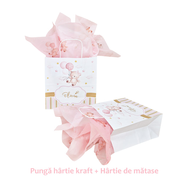 Pungă Hârtie Kraft cu Model Botez Fetiță Dreamy Teddy 18 x 22(H) x 8 cm
