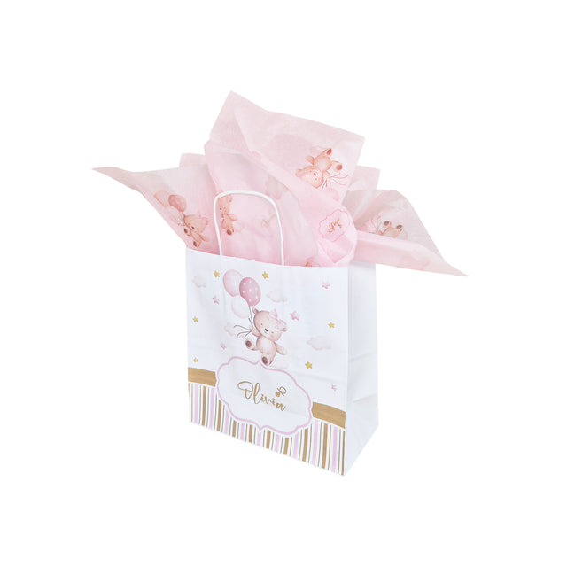 Pungă Hârtie Kraft cu Model Botez Fetiță Dreamy Teddy 18 x 22(H) x 8 cm