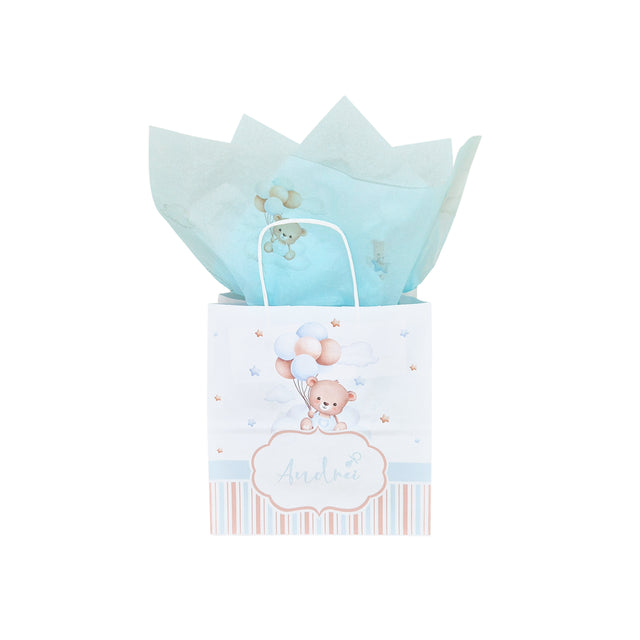 Pungă Hârtie Kraft cu Model Botez Băiețel Dreamy Teddy 22 x 31(H) x 10cm