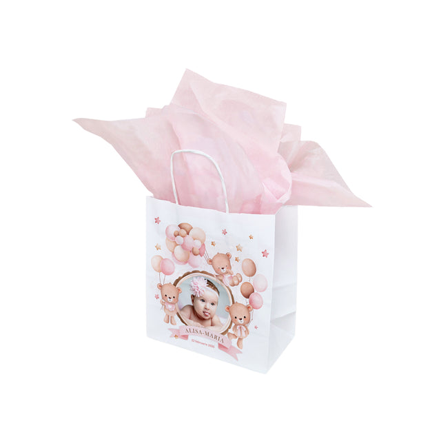Pungă Hârtie Kraft cu Model Botez Fetiță Teddy Moments 22 x 31(H) x 10cm