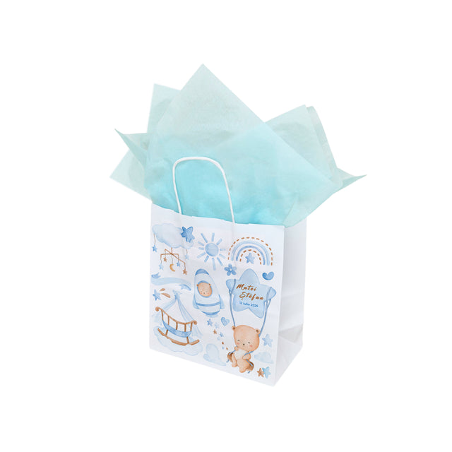 Pungă Hârtie Kraft cu Model Botez Băiețel Sweet Baby Dreams 18 x 22(H) x 8 cm