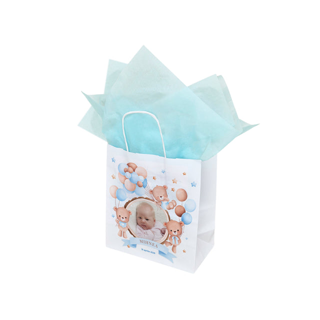 Pungă Hârtie Kraft cu Model Botez Băiețel Teddy Moments 20 x 21(H) x 10cm