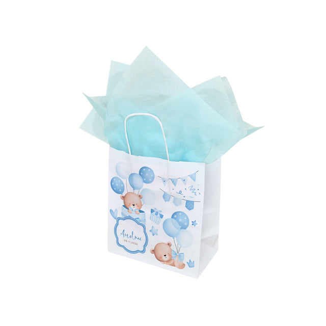 Pungă Hârtie Kraft cu Model Botez Băiețel Teddy Celebration 22 x 31(H) x 10cm
