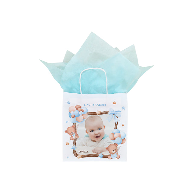 Pungă Hârtie Kraft cu Model Botez Băiețel Teddy Balloon Frame 22 x 31(H) x 10cm