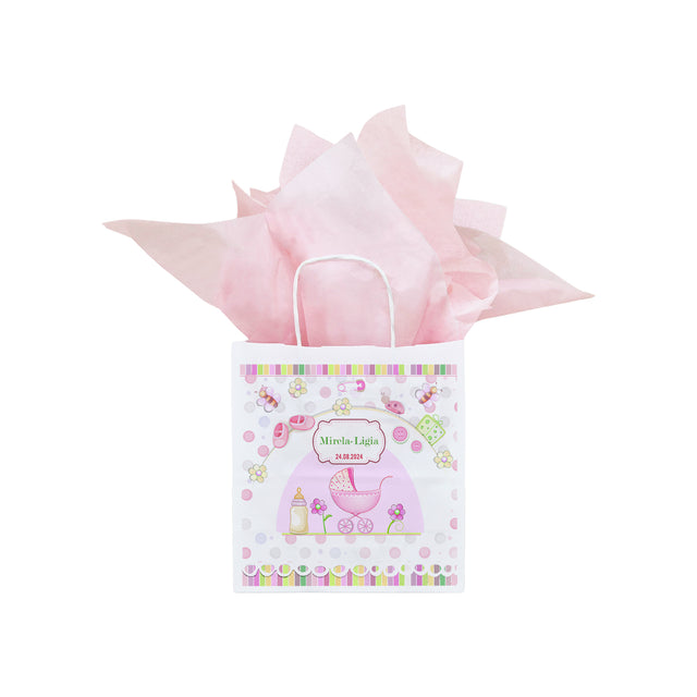 Pungă Hârtie Kraft cu Model Botez Fetiță Sweet Baby Carriage 20 x 21(H) x 10cm